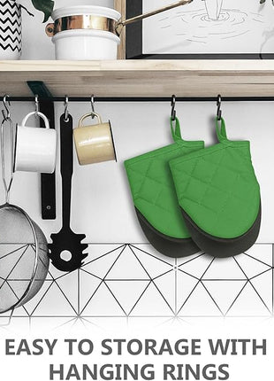 1 Pair Short Oven Mitts - Silicone Kitchen Oven Gloves High Heat Resistant 500℉, Mini Oven Mits with Non-Slip Grip Surfaces and Hanging Loop for BBQ, Baking, Cooking and Grilling (Green)