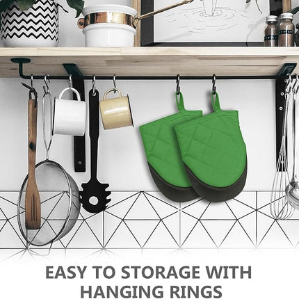 1 Pair Short Oven Mitts - Silicone Kitchen Oven Gloves High Heat Resistant 500℉, Mini Oven Mits with Non-Slip Grip Surfaces and Hanging Loop for BBQ, Baking, Cooking and Grilling (Green)