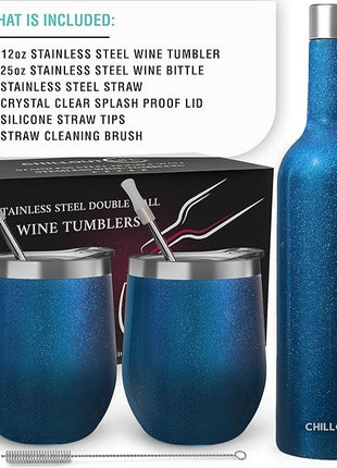 CHILLOUT LIFE 12 oz Stainless Steel Wine Tumblers 2 Pack & 1 Insulated Wine Bottle - Double Wall Vacuum Insulated Wine Glasses Cups with Lids and Straws Set Keeping Cold & Hot Gift Set