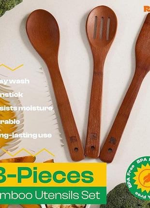 Riveira Premium Brown Bamboo Wooden Spoons for Cooking Set of 3 – Premium Brown Bamboo Wooden Cooking Utensils, Wooden Spatula, Wooden Spoon - Premium Quality Wooden Utensil Set for Non-Toxic Cooking