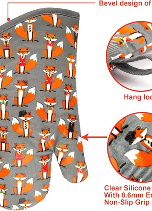 Oven Mitts Gloves 1 Pair Heat Resistant 480 ℉ Non Slip Clear Silicone Printed Fox Comfortable Cotton Lining Kitchen Women Men Cooking Baking Barbecue Machine Washable (Fox, Gray Mittens)