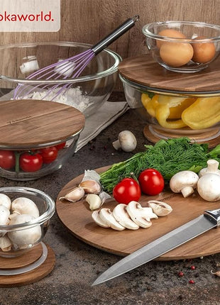 Stackable Space-Saving Set of 5 Nesting Glass Bowls with Acacia Lids for Foodprep, Storage, Mixing & Cooking - Microwave & Oven-ready BPA Free Durable Heat Resistant Inert Borosilicate Glass