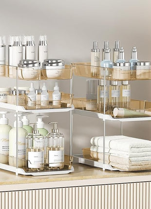 Delamu 2 Pack 3-Tier Bathroom Under Sink Organizers and Storage, Multi-Purpose Stackable Pantry Organization and Storage, Pull Out Clear Kitchen Bathroom Cabinet Organizer with Movable Dividers, Amber