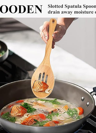 Wooden Spatula Set, 6 Pack Kitchen Wood Slotted Spoon Spatulas Turner Utensils for Cooking, Non Toxic Solid Wooden Spatulas Natural Wood Serving Spoons Spaghetti Utensil Set for Nonstick Cookware