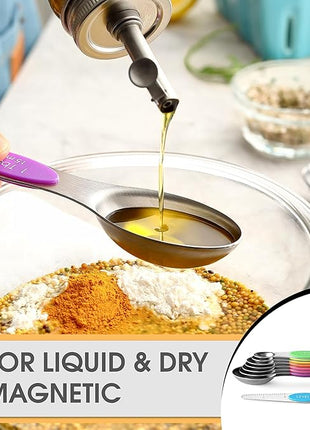 Spring Chef Stainless Steel Magnetic Measuring Spoons Set of 8 with Leveler, Nesting Metal Teaspoon & Tablespoon Measuring Spoons, Kitchen Gadgets for Baking & Cooking, Fits in Most Spice Jars - Neon