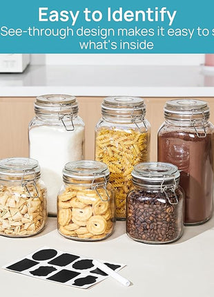 Vtopmart 34oz Glass Food Storage Jars with Airtight Clamp Lids, 3 Pack Kitchen Canisters for Flour, Cereal, Coffee, Pasta and Canning, Square Mason Jar with 8 Chalkboard Labels
