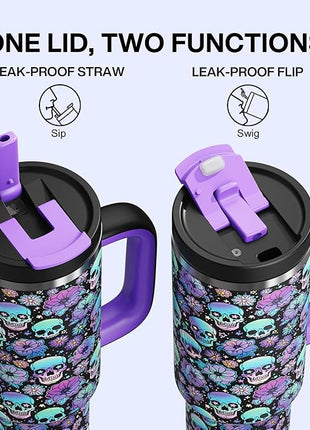 ENCOOL 40oz Halloween Tumbler with Handle and Straw, Stainless Steel Insulated Water Bottle with Straw, Leak-Proof, Cup Holder Friendly, Keeps Cold 24 H, Gifts for Women Men, Floral Afterlife