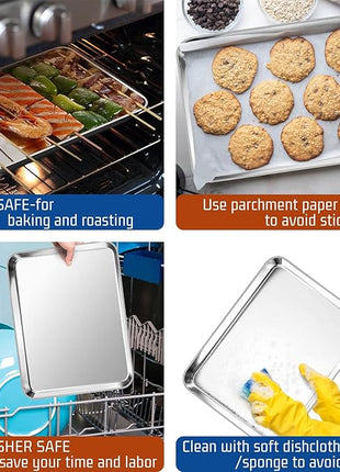 P&P CHEF 12.5 Inch Baking Cookie Sheet, Oven Pan Tray Stainless Steel Sheet Pan for Kitchen, Oven Bakeware for Multi Uses, Shiny Look & Dishwasher Safe, Healthy & Heavy Duty, 4Pcs