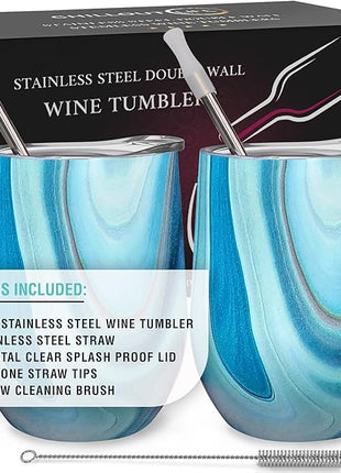 CHILLOUT LIFE 12 oz Stainless Steel Wine Tumblers 2 Pack - Double Wall Vacuum Insulated Wine Glasses Cups with Lids and Straws Set Keeping Cold & Hot for Coffee, Beer, Ice Cream - Ocean Marble Pattern