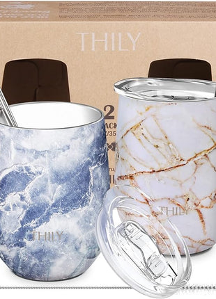 THILY Stainless Steel Insulated Wine Tumblers 12 oz Cute Travel Stemless Glasses with Sliding Lids and Metal Straws, Keep Hot or Cold for Wine, Coffee, Juice, 2 Pack(Gold Marble + Blue Marble)