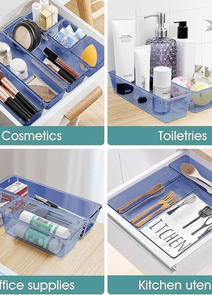 WOWBOX 25 PCS Plastic Drawer Organizer Set, 4 Sizes Desk Drawer Divider Organizers and Storage Bins for Makeup, Jewelry, Gadgets for Kitchen, Bedroom, Bathroom, Office, Clear Dark Blue
