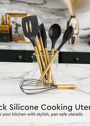 Black and Gold Kitchen Utensils Set - 19-PC Set Includes Stainless Steel and Silicone Cooking Utensils, Measuring Cups and Spoons - Black and Gold Kitchen Accessories for Stylish Cooking & Serving