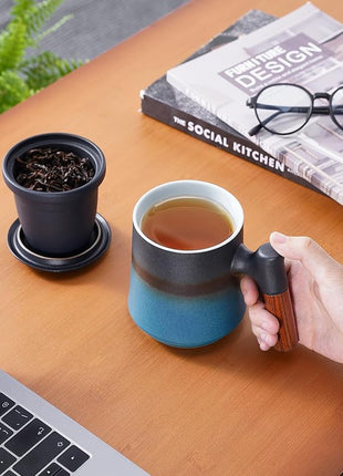 ZENS Gradient Blue Tea Cup with Infuser and Lid, 14.5oz Wood Handle Tea Mug, Loose Leaf Tea Steeper & Strainer, Tea Lovers Gifts