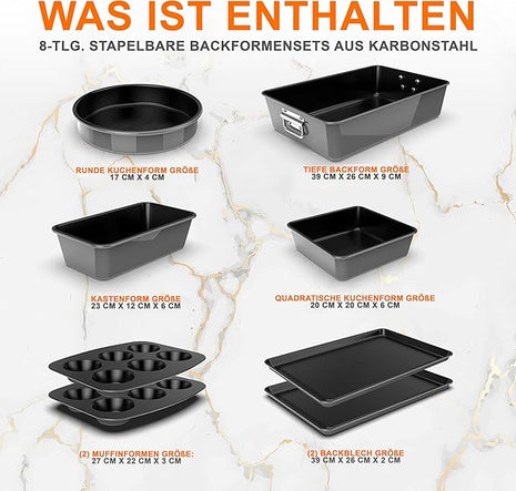 NutriChef 8-Piece Nonstick Stackable Bakeware Set - PFOA, PFOS, PTFE Free Baking Pans Set w/Non-Stick Coating, 450°F Oven Safe, Round Cake, Loaf, Muffin, Wide/Square Pans, Cookie Sheet (Gray)