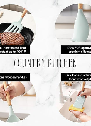 Country Kitchen Non Stick Silicone Utensil Set with Rounded Wood Handles for Cooking and Baking, 14 Piece Set, Mint