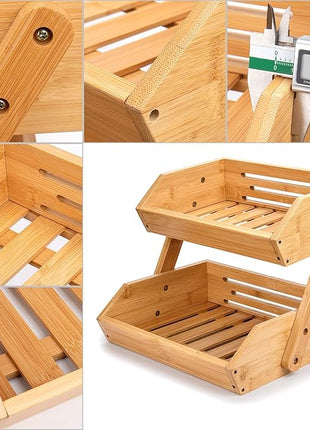 2 Tier Fruit Basket For Kitchen- Bamboo Fruit and Vegetable Storage Bowl Stand For Kitchen Countertop, , Produce Basket Fruit Holder for Potato, Onion, Bread, Snack Storage