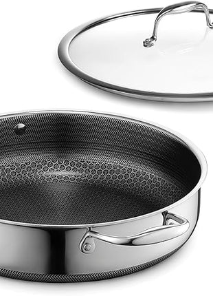 HexClad Hybrid Nonstick 4.5-Quart Deep Sauté Pan with Tempered Glass Lid, Stay-Cool Handle, Dishwasher-Friendly, Oven-Safe Up to 900°F, Induction Ready, Compatible with All Cooktops
