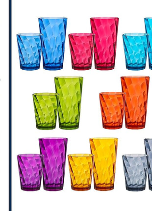 US Acrylic Optix Plastic Reusable Drinking Glasses (Set of 16) 14oz Rocks & 20oz Water Cups in Jewel Tone Colors | BPA-Free Tumblers, Made in USA | Top-Rack Dishwasher Safe