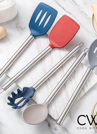 COOK WITH COLOR Silicone Cooking Utensils, Kitchen Utensil Set, Easy to Clean Silicone Kitchen Utensils, Cooking Utensils for Nonstick Cookware, Kitchen Gadgets Set, 5 Pieces, Red