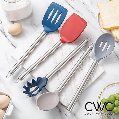 COOK WITH COLOR Silicone Cooking Utensils, Kitchen Utensil Set, Easy to Clean Silicone Kitchen Utensils, Cooking Utensils for Nonstick Cookware, Kitchen Gadgets Set, 5 Pieces, Red