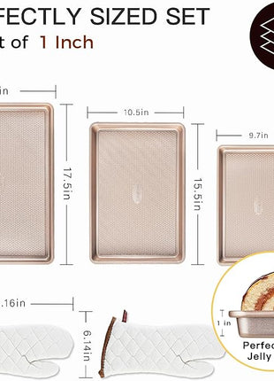 HONGBAKE 3 Pack Gold Nonstick Baking Sheet Pan Set with Oven Mitts Heat Resistant, Non-Toxic Half/Quarter/Jelly Roll Pans with Diamond Texture Pattern, Heavy Duty 0.8mm Thick Cookie Trays for Cooking