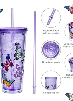 bzyoo SIP 24oz (710ml) Double Wall Plastic Tumbler with Lid and Straw Cold Drink Travel Mug Reusable Party Cup Perfect for Ice Coffee, Tea Office Poolside Parties Gifts Color: Butterfly Purple