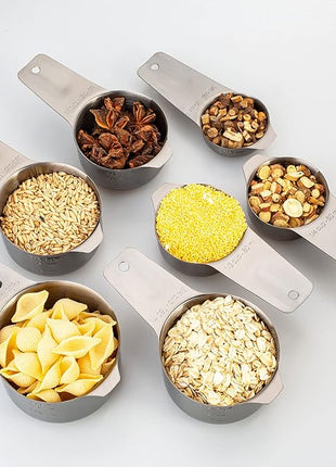 Set of 7 Heavy Duty Measuring Cups, 18/8 Stainless Steel with Ring Connector, Dark Grey