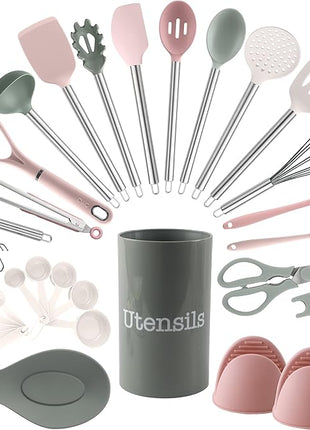 COOK WITH COLOR Silicone Cooking Utensils, Kitchen Utensil Set, Easy to Clean Silicone Kitchen Utensils, Cooking Utensils for Nonstick Cookware, Kitchen Gadgets Set, 38 Piece, Mint