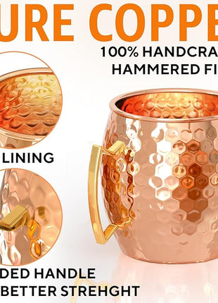 Benicci Moscow Mule Copper Mugs - Set of 2, 100% HANDCRAFTED - Food Safe Pure Copper Solid Mugs - 16 oz Gift Set with Premium Quality Cocktail Straws, Straw Cleaning Brush and Jigger!