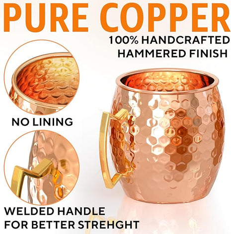 Benicci Moscow Mule Copper Mugs - Set of 2, 100% HANDCRAFTED - Food Safe Pure Copper Solid Mugs - 16 oz Gift Set with Premium Quality Cocktail Straws, Straw Cleaning Brush and Jigger!