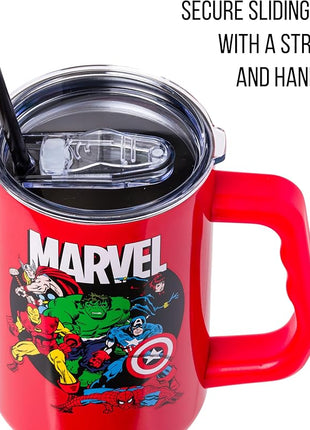 Silver Buffalo Marvel Avengers Stainless Steel Tumbler with Handle and Straw Featuring Captain America, Thor, Hulk, Iron Man, Black Widow, and Spiderman, Fits in Standard Cup Holder, 40 Ounces