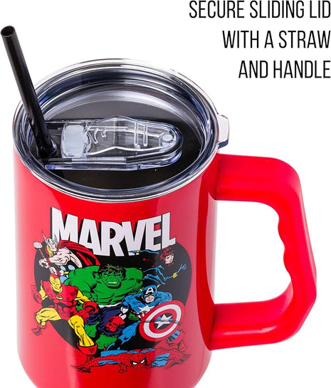 Silver Buffalo Marvel Avengers Stainless Steel Tumbler with Handle and Straw Featuring Captain America, Thor, Hulk, Iron Man, Black Widow, and Spiderman, Fits in Standard Cup Holder, 40 Ounces