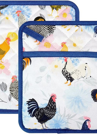 Pot Holders Set of 2 Heat Resistant 480℉ Kitchen 100% Cotton Comfortable Lining Printing Fox Flower Women Men Home Cooking Baking Microwave BBQ Gift (Rooster potholder)