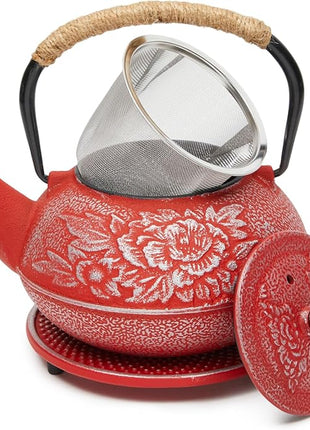 Juvale Japanese Cast Iron Teapot with Infuser - Red, 27 oz (800 ml), 3-Pc Teapot Set - Stovetop Kettle for Loose Leaf Brewing - Removable Stainless Steel Infuser & Trivet Included