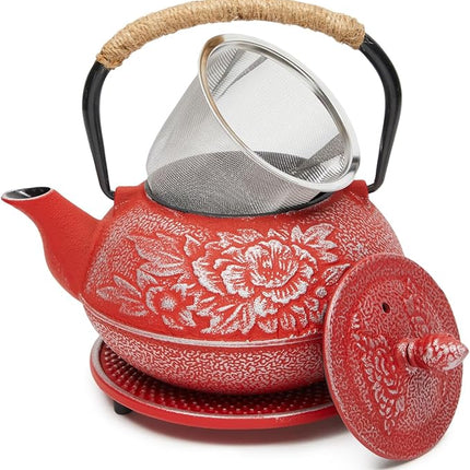 Juvale Japanese Cast Iron Teapot with Infuser - Red, 27 oz (800 ml), 3-Pc Teapot Set - Stovetop Kettle for Loose Leaf Brewing - Removable Stainless Steel Infuser & Trivet Included