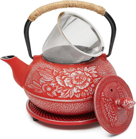 Juvale Japanese Cast Iron Teapot with Infuser - Red, 27 oz (800 ml), 3-Pc Teapot Set - Stovetop Kettle for Loose Leaf Brewing - Removable Stainless Steel Infuser & Trivet Included