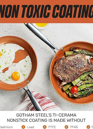 Gotham Steel 9.5 Inch Copper Non Stick Frying Pans, Ceramic Non Toxic Frying Pans Nonstick Skillet Made Without PFOA PFOS, Lightweight, Stay Cool Handle, Oven and Dishwasher Safe