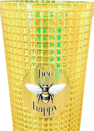 Spoontiques - Diamond Tumbler - Textured Cup with Straw - Double Wall Insulated and BPA Free - 20 oz - Bee Diamond Cup