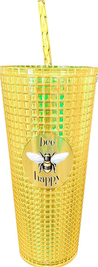 Spoontiques - Diamond Tumbler - Textured Cup with Straw - Double Wall Insulated and BPA Free - 20 oz - Bee Diamond Cup