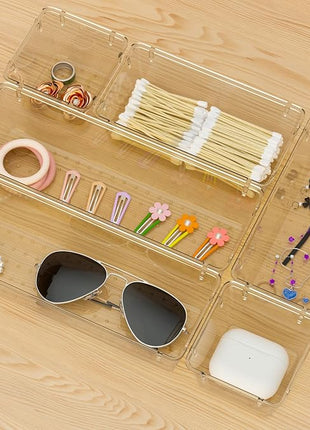 WOWBOX 6 Pack Clear Drawer Organizer Set, Acrylic Drawer Storage Trays, Storage Bins for Makeup, Cosmetics, Jewelries, Utensils, Gadgets, Office, Champagne