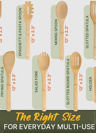 Bamboo Utensils 7 PCs with Holder – Bamboo Cooking Utensils Set + Holder for Nonstick – Wooden Spoon Sets for Cooking – Easy to Clean, Sturdy, Lightweight & Heat Resistant
