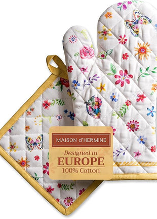 Maison d' Hermine 100% Cotton Oven Mitt & Pot Holder Set (7.5"x13" & 8"x8") Heat Resistant BBQ Cooking Gloves with Loop, Grilling, Kitchen, Handling Hot Pans Spring/Summer (Happy Florals - Sweety)