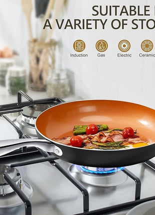MICHELANGELO Copper Frying Pan Set with Lid, 8" & 10" Nonstick Skillets with Lids, Non Stick Frying Pans Set, Ceramic Non Toxic Fry Pans, Induction Compatible