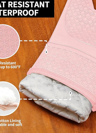Hovico Silicone Oven Mitts, Heat Resistant 500F Kitchen Mitts 2PCS, 11.6" BPA-Free Soft Baking Gloves, Non-Slip Grip Oven Gloves with Soft Cotton Lining for Kitchen Cooking Baking BBQ - Pink