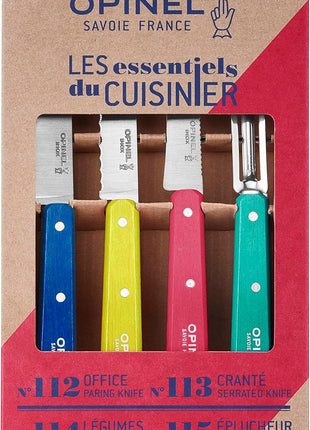 OPINEL Les Essentials Small Kitchen 4 Piece Knife Set - Paring Knife, Serrated Knife, Peeler, Vegetable Knife, Corrosion Resistant High Carbon Steel, Made in France (POP 80)
