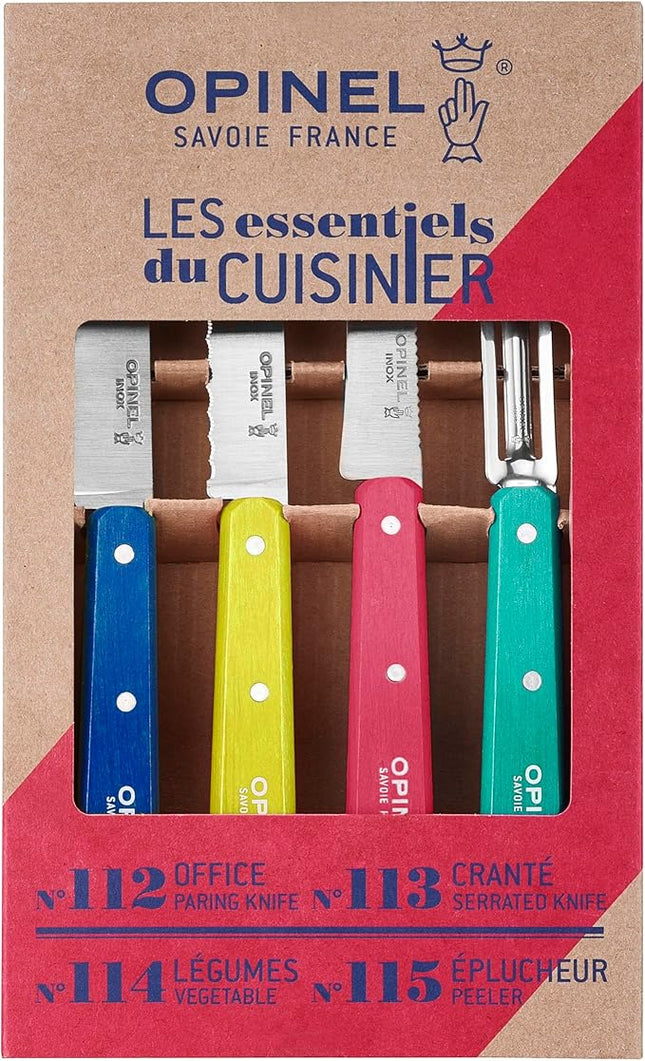 OPINEL Les Essentials Small Kitchen 4 Piece Knife Set - Paring Knife, Serrated Knife, Peeler, Vegetable Knife, Corrosion Resistant High Carbon Steel, Made in France (POP 80)