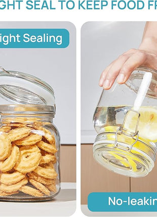 Vtopmart 34oz Glass Food Storage Jars with Airtight Clamp Lids, 3 Pack Kitchen Canisters for Flour, Cereal, Coffee, Pasta and Canning, Square Mason Jar with 8 Chalkboard Labels