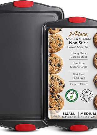 Baking Sheet Set, 2-Piece Cookie Sheet Set with Silicone Handles, Steel Baking Pan, Durable Baking Sheets for Oven, BPA Free Cookie Sheets for Baking Nonstick Set, Premium Sheet Pan, Black Baking Tray