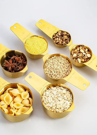 Set of 7 Heavy Duty Measuring Cups, 18/8 Stainless Steel with Ring Connector, Gold