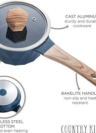 Country Kitchen Non-Stick Cast Aluminum Cookware Set - Durable Kitchen Cookware for Everyday Cooking, Navy Diamond, 11 Pc.